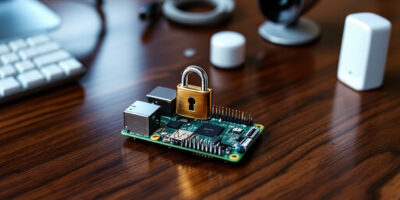 Ein Raspberry Pi mit Schloß auf einem Schreibtisch mit Home Automation Zubehör.