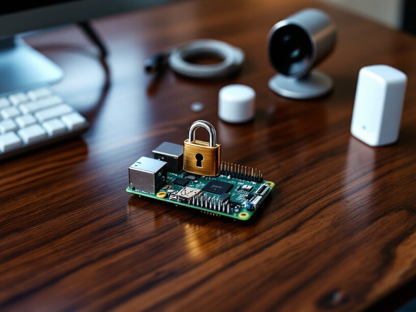 Ein Raspberry Pi mit Schloß auf einem Schreibtisch mit Home Automation Zubehör.